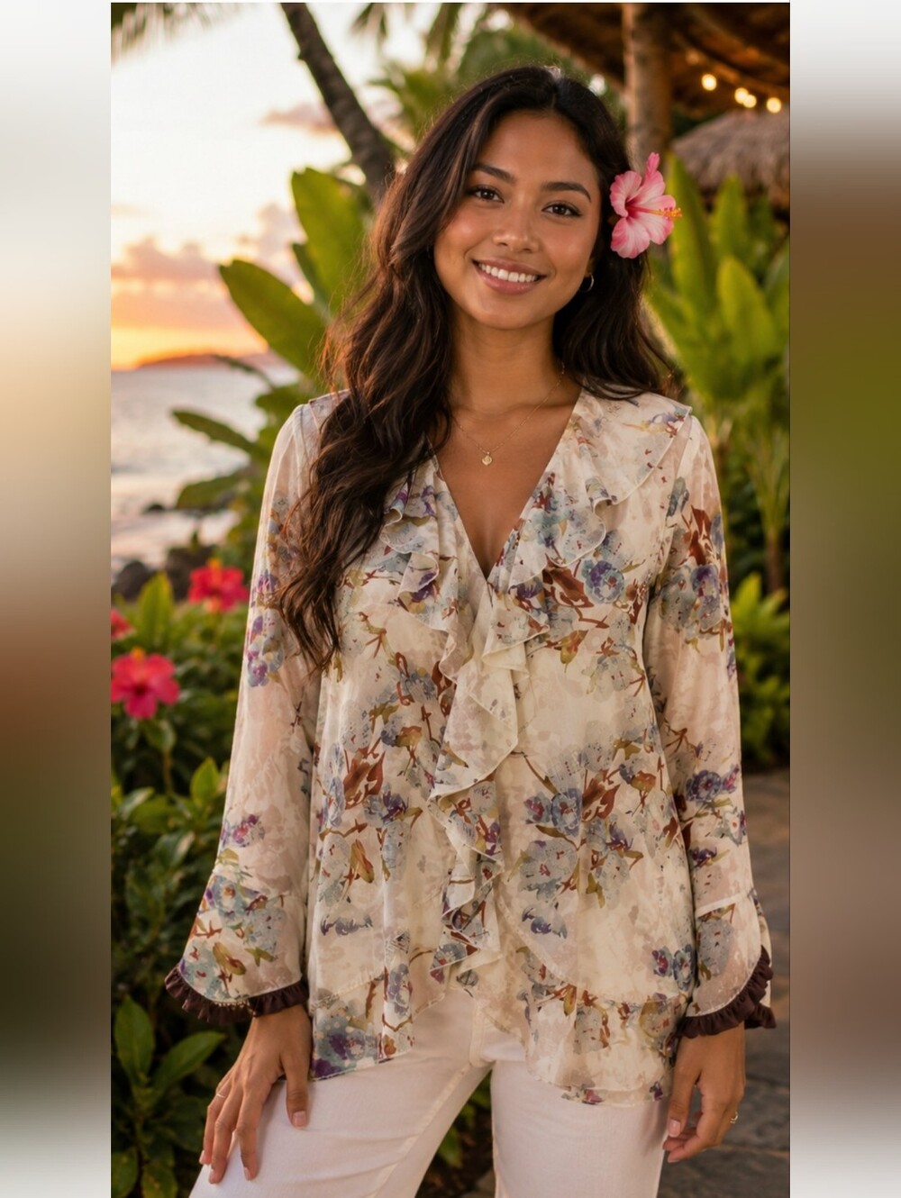 Johnny Was 100% Silk Floral Ruffle Asymmetrical Blouse Size L